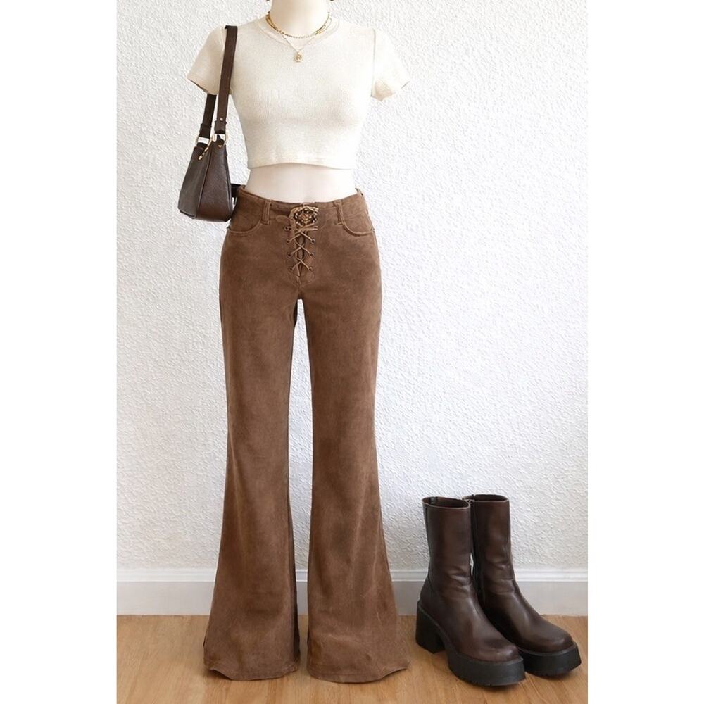 Vintage L.E.I Womens Lace Up Tan Faux Suede Low Rise Flare Sz 11 Boho 90s Y2K